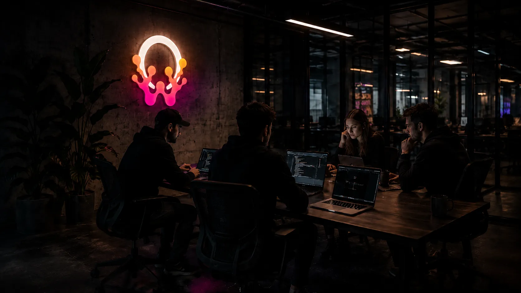 Dark cinematic studio scene with strategy, design, build, and grow neon text